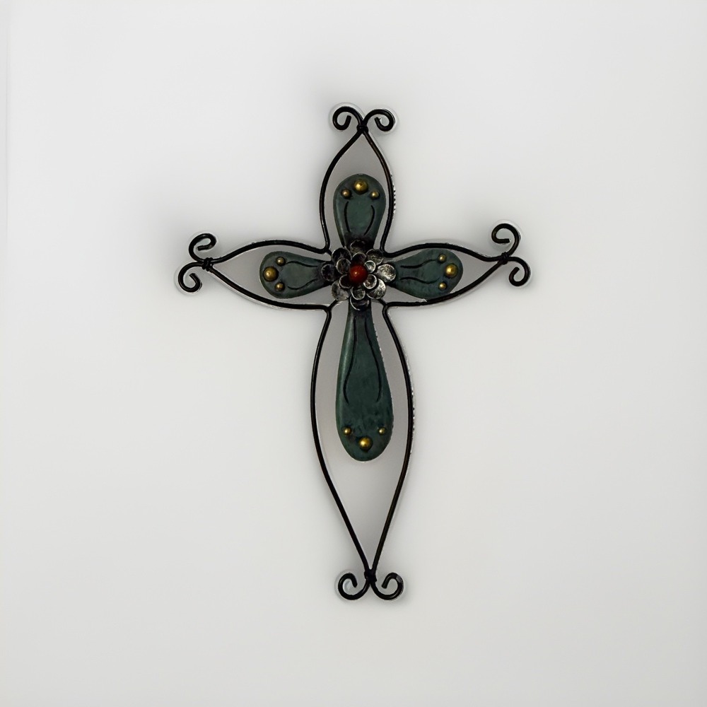 Decorative Metal Wall Cross Fleur-de-Lis Design Black Teal Wall Hanging